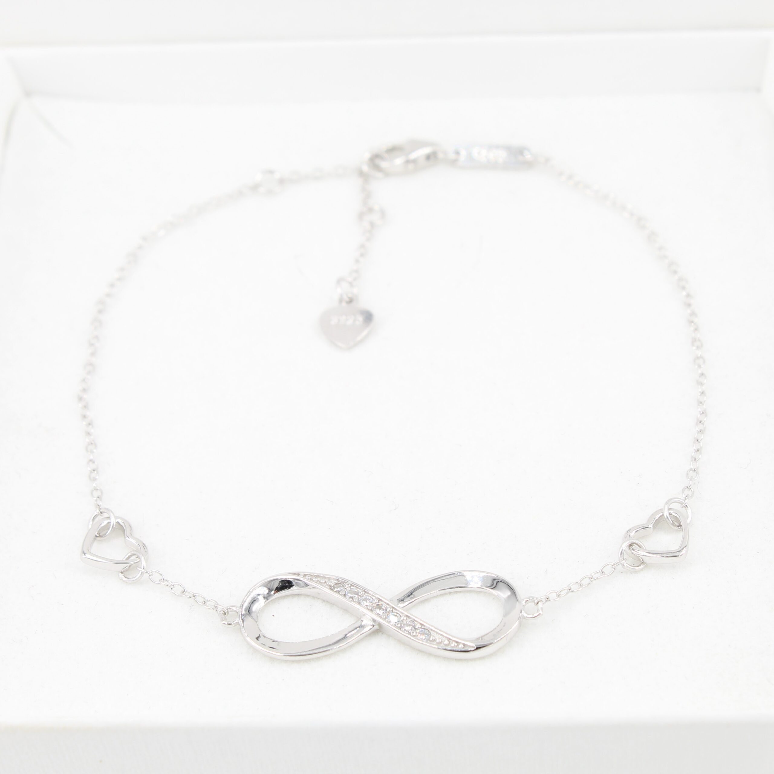 PANDACHARMS Silberarmband Infinity mit Herzen, 925er Silber mit Zirkonia, Länge variabel 18-20cm