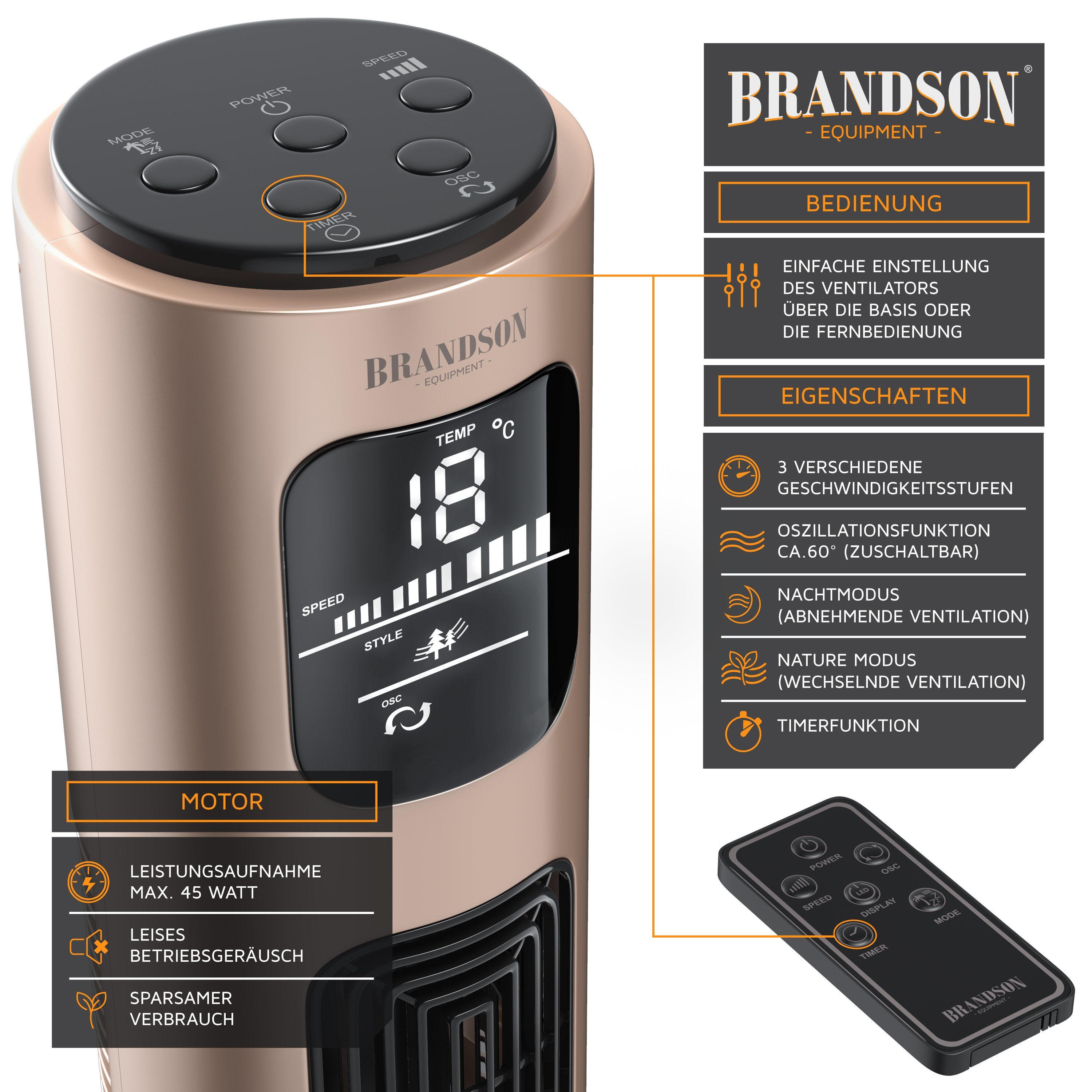 Brandson Turmventilator Oszillation, Timer, Fernbedienung, Standventilator 96cm Pearl-Rouge, Preisträger 2025, mobiler Lüfter leise, 4 Lüftungs-Modi, GS-Geprüft