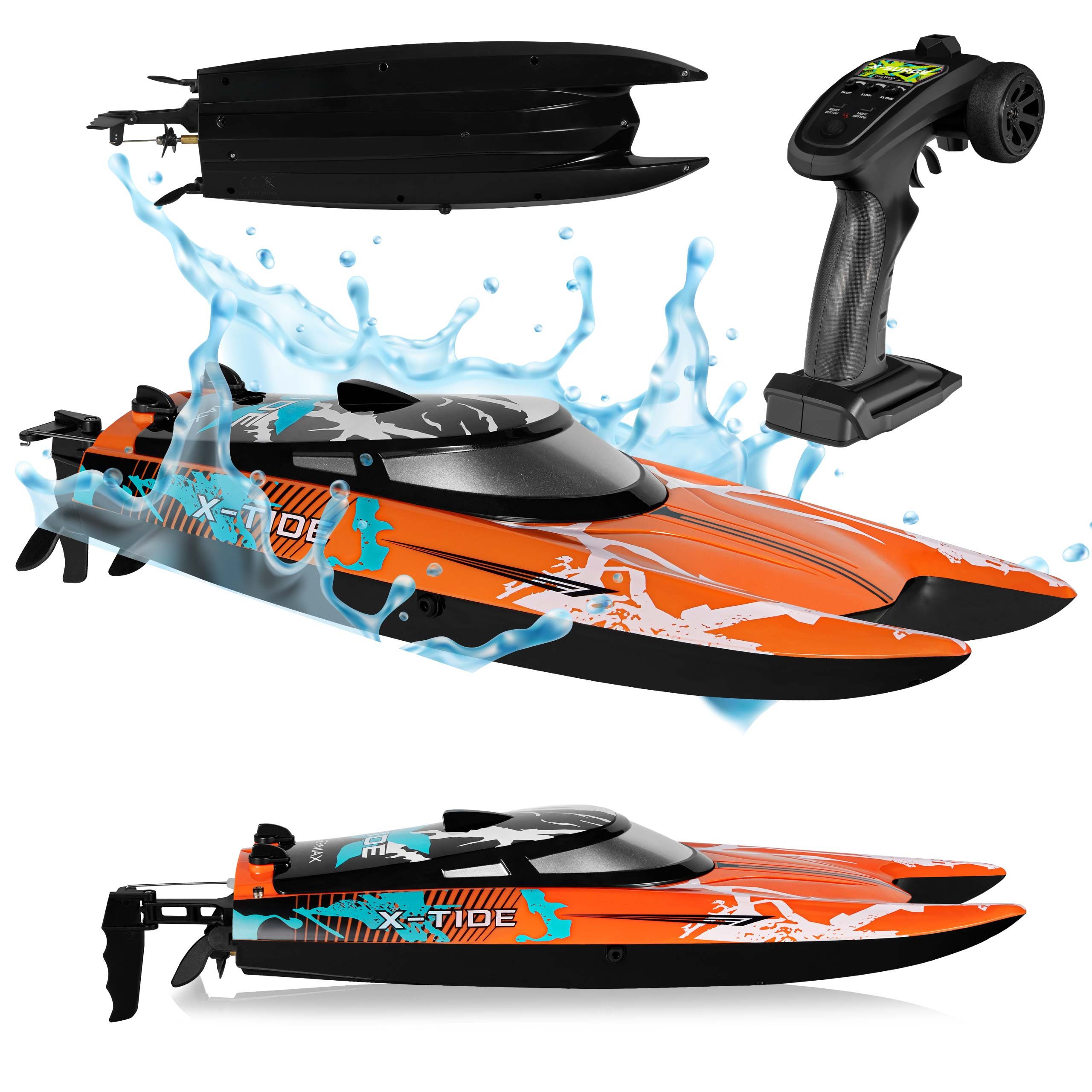 Overmax RC-Boot X-TIDE (Set, Komplettset), 1200mAh/25 kmH/2 Akkus/Auto-Flip/Wasserstart/Demo-Modus