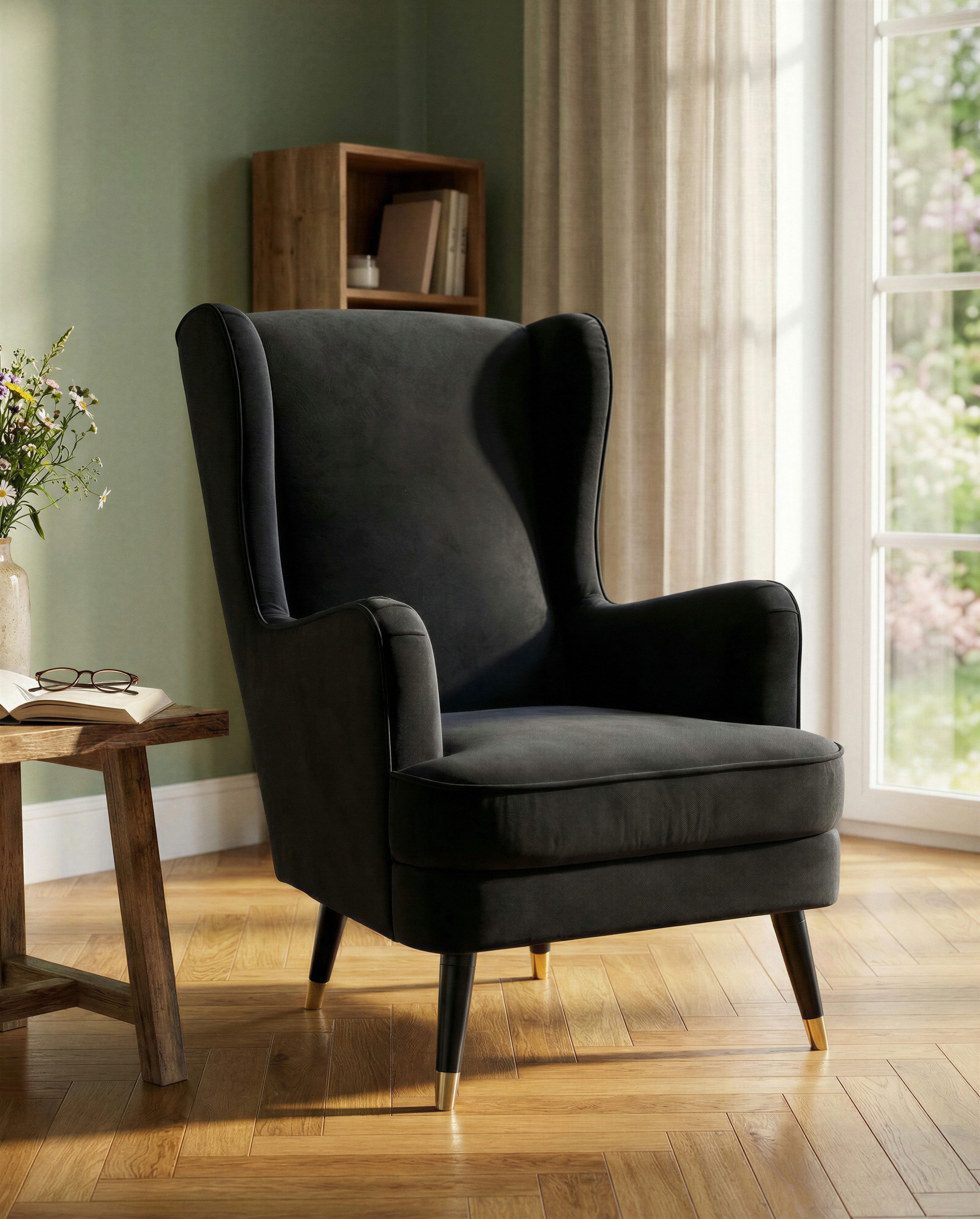 Home affaire Ohrensessel ZILLER, TV-Sessel, frei im Raum stellbar, in Cord und Samtvelours, Holzfüsse mit dekorativen Metallhülsen, Traumhafter Relaxsessel