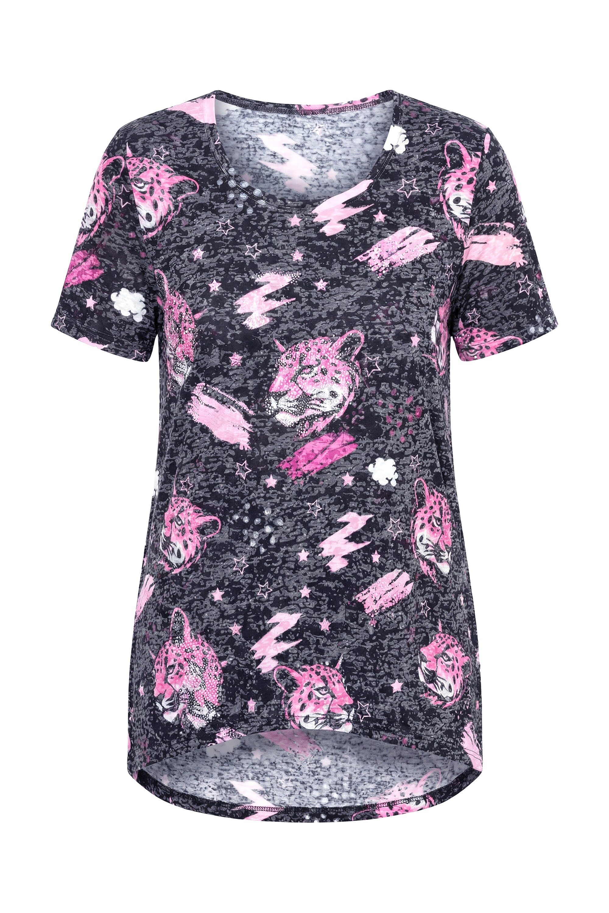 T-Shirt T-Shirt A-Linie Glitzersteinchen Tiger-Muster.