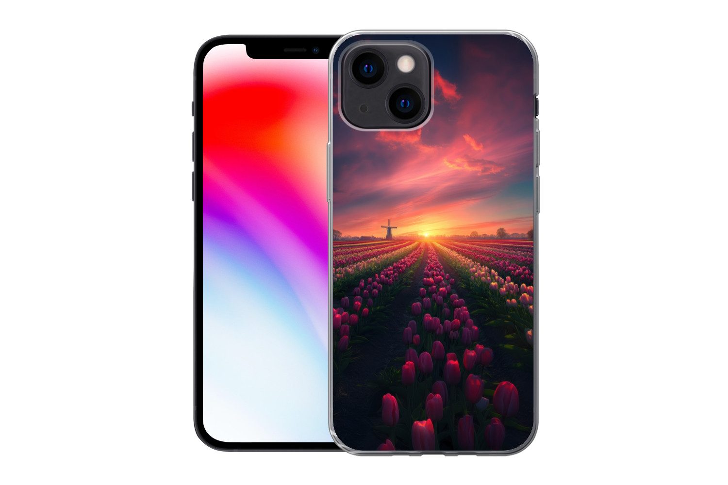 MuchoWow Handyhülle für Apple iPhone 13 mini Windmühle - Sonnenuntergang - Landschaft, Smartphone-Bumper, Print, Handy Schutzhülle Dünn