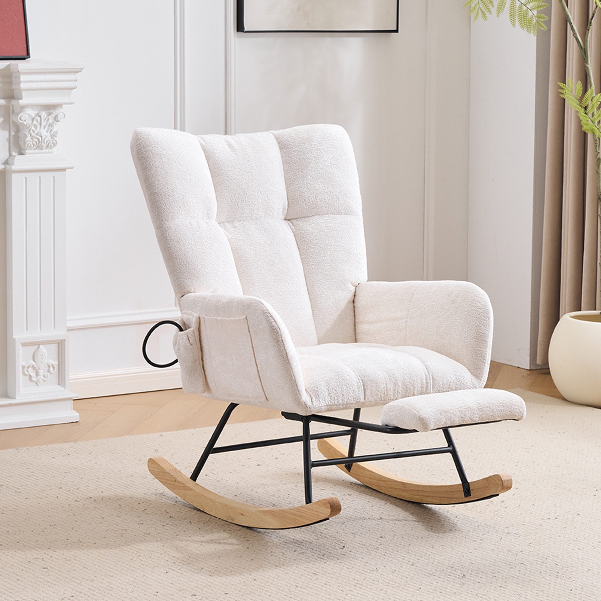 Leawin Schaukelstuhl Schaukelstuhl Wohnzimmer mit Fußstütze & Luftkissen-Rückenlehne, Chenille Relaxsessel mit Stauraum & Komfort Rückenlehne