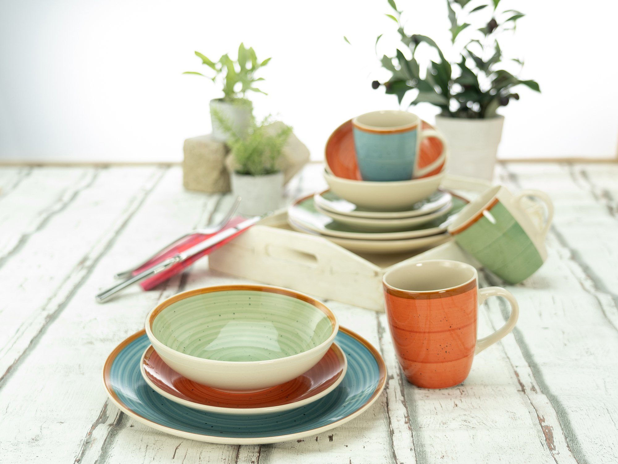 CreaTable Kombiservice Geschirr-Set Country (24-tlg), 6 Personen, Steinzeug, Service, Spiraldekor, 24 Teile, für 6 Personen