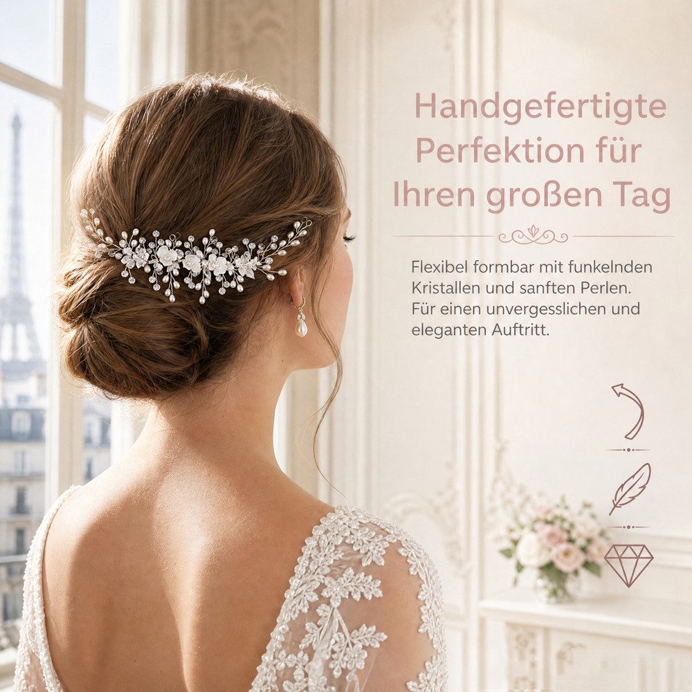 nsihing Haarspange Haarschmuck Hochzeit Silber, Haarschmuck Braut Mit Perlen und Blume, Für Bräute Brautjungfern Blumenmädchen Damen