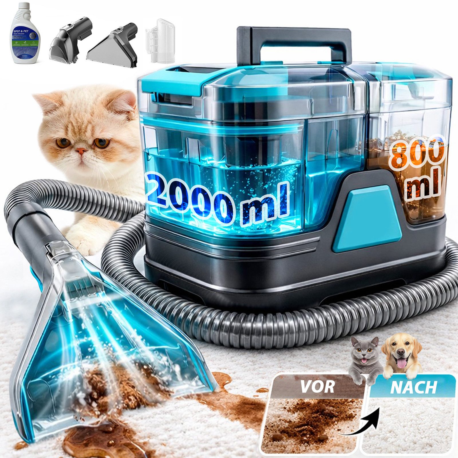 Grenintol Teppichreinigungsgerät 30KPA Waschsauger,Fleckentferner,Teppichreiniger,Polsterreiniger Gerät, 400 W, Tragbarerer Fleckenreiniger mit Trenntank-System, 1,5 M Schlauch +5M Stromkabel, 2000ML Frischwasser +800ML Abwasser