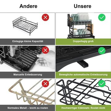 Aoucheni Geschirrständer Geschirrabtropfer 2-Etagen-Geschirrabtropfer Edelstahl, praktisch, Zubehör für für Geschirr/Messer/Becher/Schneidebrett, Geschirr-Trockengestell für Küchentheke