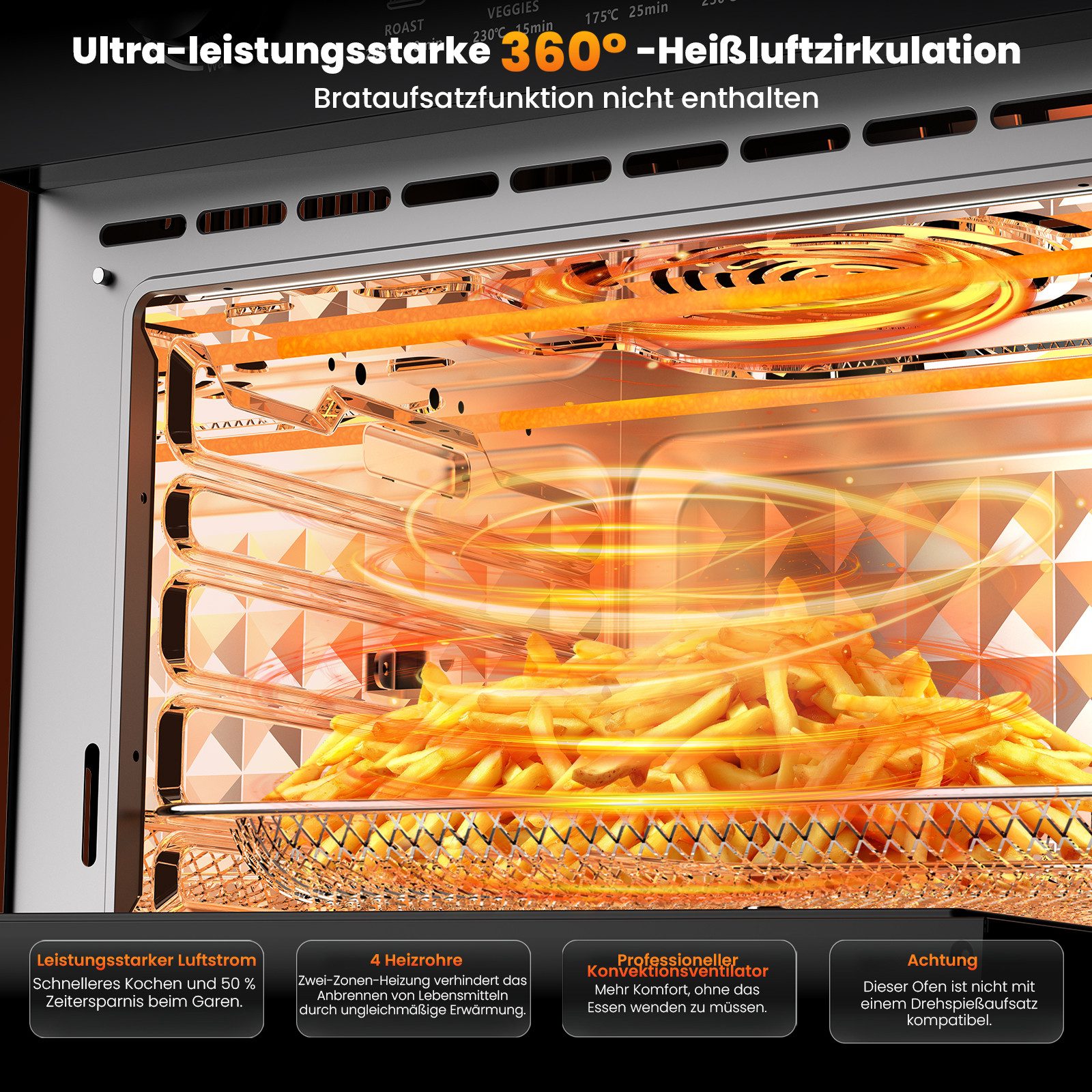 Azmsary Multiofen 360° Heißluft für gesunde, knusprige Gerichte ohne Fett, Zwei Drehknöpfe, vier Ebenen, mehr Essen auf einmal zubereiten.