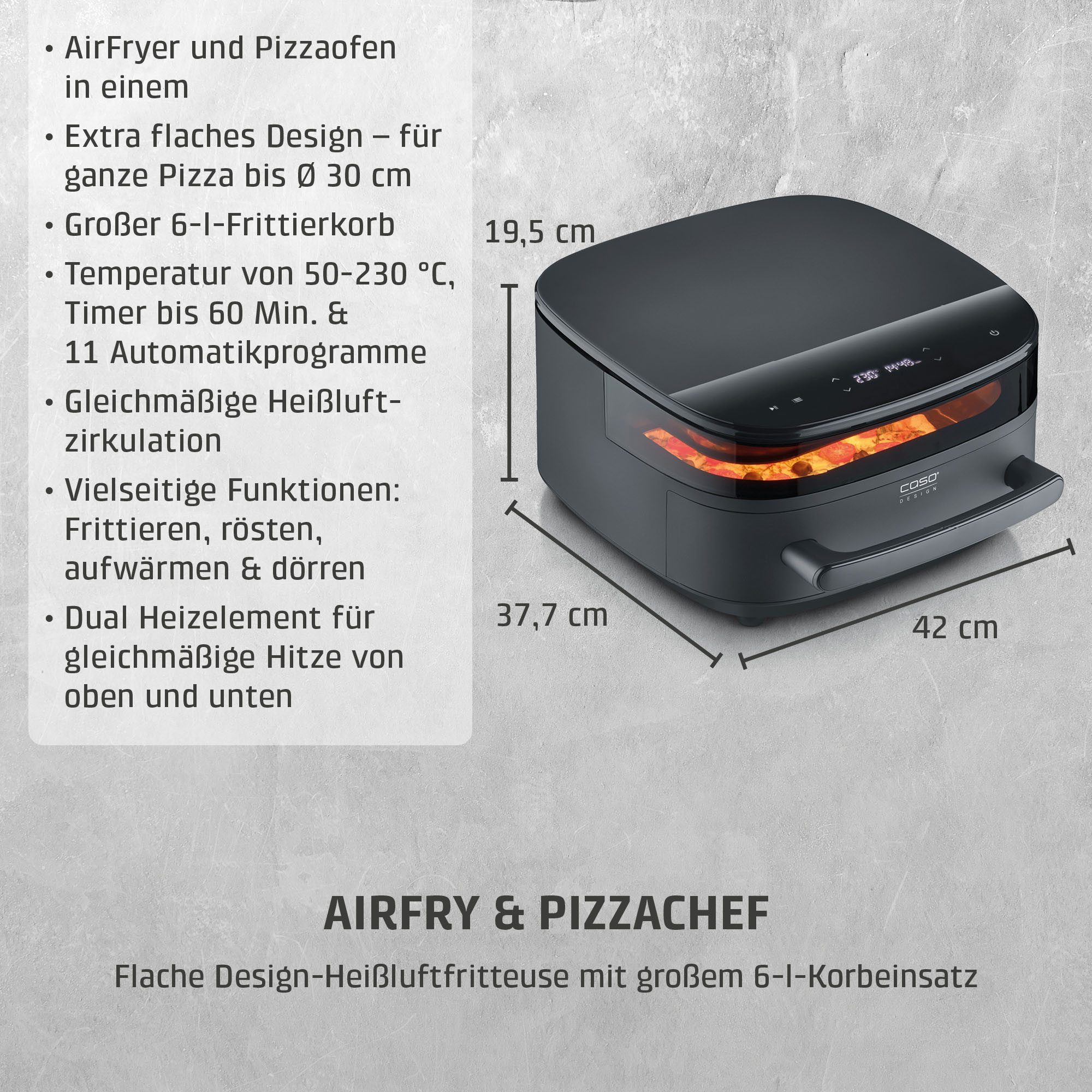 Caso Heißluftfritteuse CASO 3191 Design Heissluftfritteuse AirFry & PizzaChef, 2850 W, Frittieren, Backen, Aufwärmen, Rösten oder Dörren.