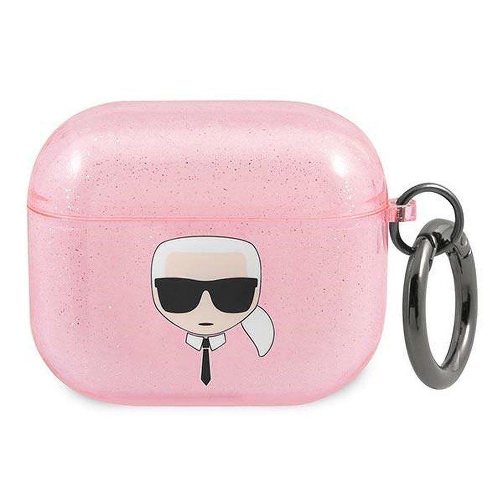 KARL LAGERFELD Kopfhörer-Schutzhülle Ohrhörerhülle Ladeschalenschutz Glitzeretui, Glitzeroptik, Karabinerring, Karl's Head Motiv