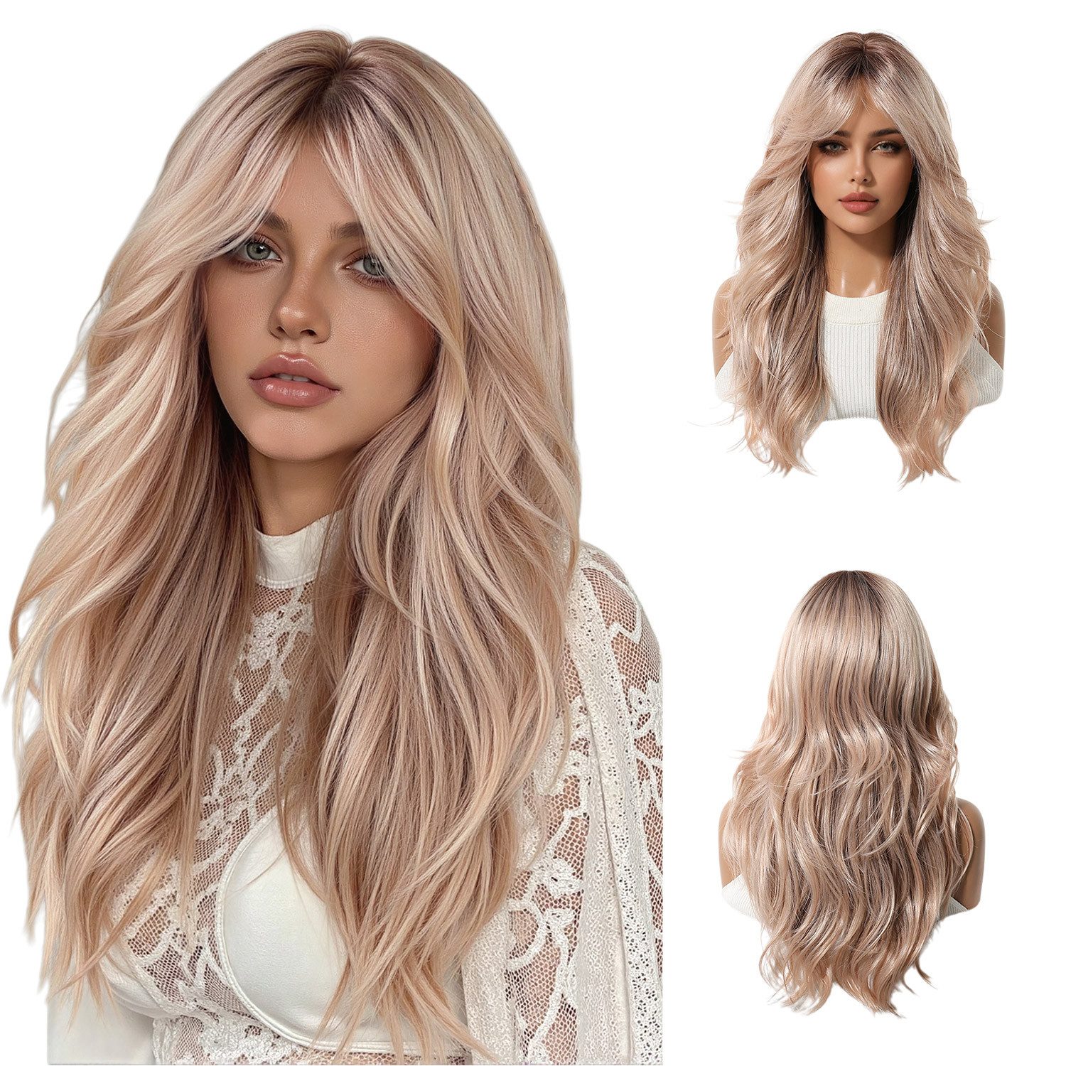 Refttenw Kunsthaarperücke Lange lockige Perücke mit Pony & Gestuften Wellen – 56cm, Verstellbar, Staubrosa