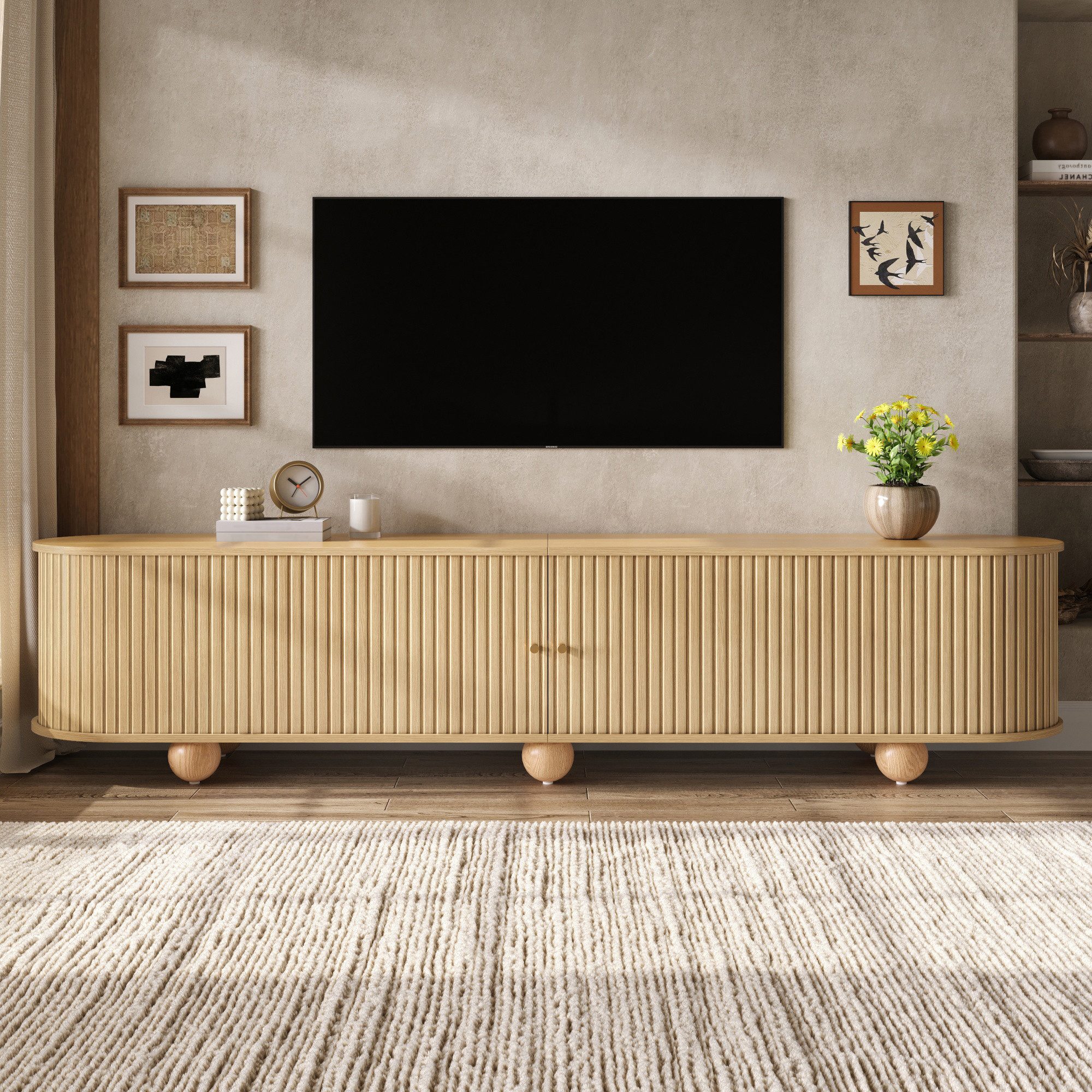 BlingBin TV-Schrank 180x35x45 cm Rundungen TV Lowboard, Fernsehschrank (1er Set, 1-St., Gewichtskapazität: 30kg) TV Möbel mit vertikal geriffelte Schiebetüren für Wohnzimmer, Natur