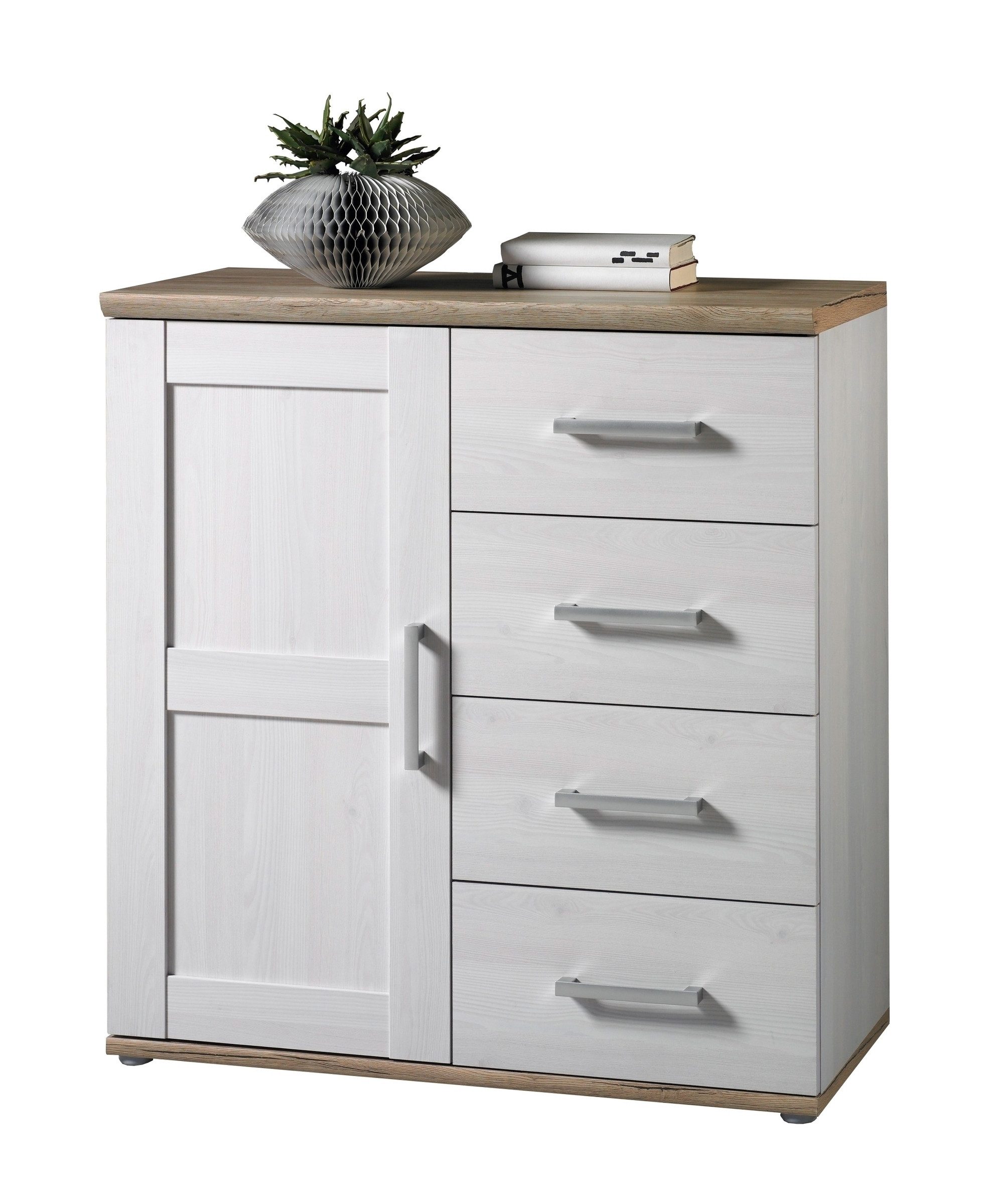 PREISBRECHER Kommode Romance, 1 Tür, 4 Schübe, Sibiu Lärche / San Remo Hell - 93x99x45cm (BxHxT)