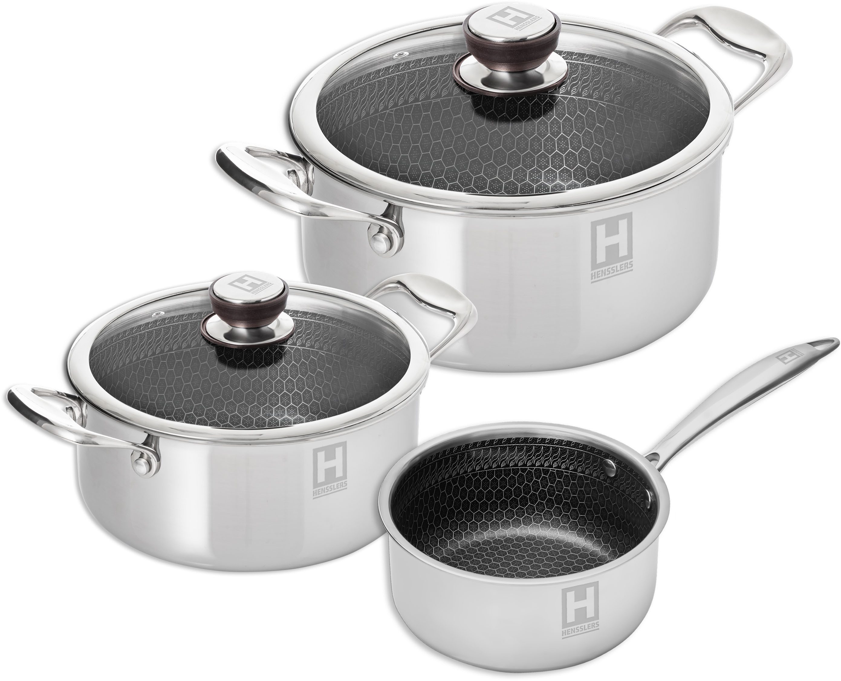 HENSSLERS Topf-Set, Edelstahl (Set, 5-tlg., 1 Universaltopf Ø 20 cm und Ø 24 cm mit Deckel, 1 Stieltopf 2,2 l), Mehrschichtmaterial für hohe Beständigkeit und Kratzfestigkeit