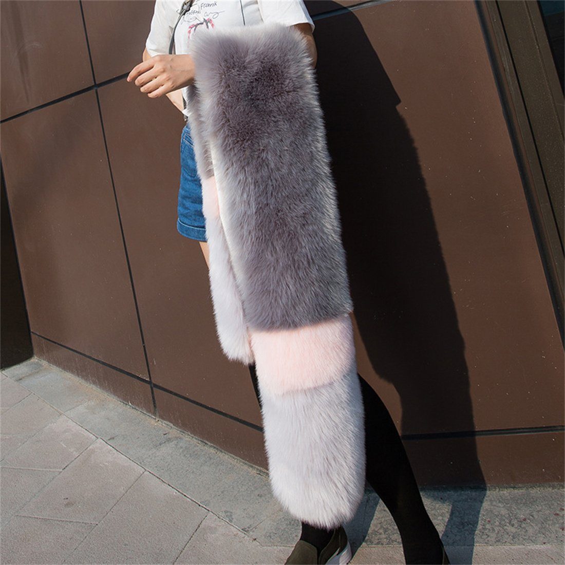 DÖRÖY Modeschal Schal, Pelz verdickt Schal bunten Winter Damen warm Plüsch + Schwarz Grau Nachahmung