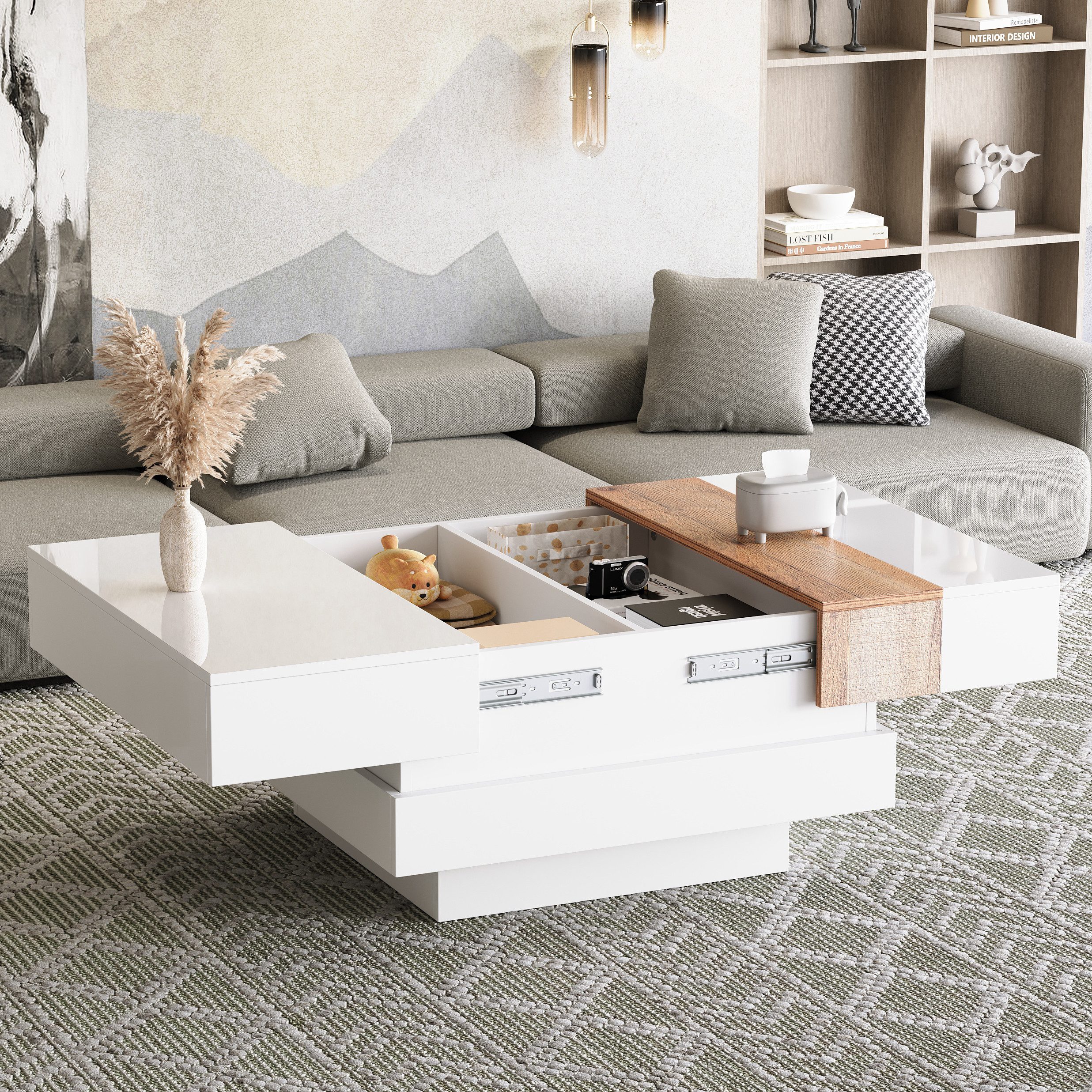 Merax Couchtisch Hochglanz Sofatisch Beistelltisch in Weiß & Holzoptik (1-S günstig online kaufen