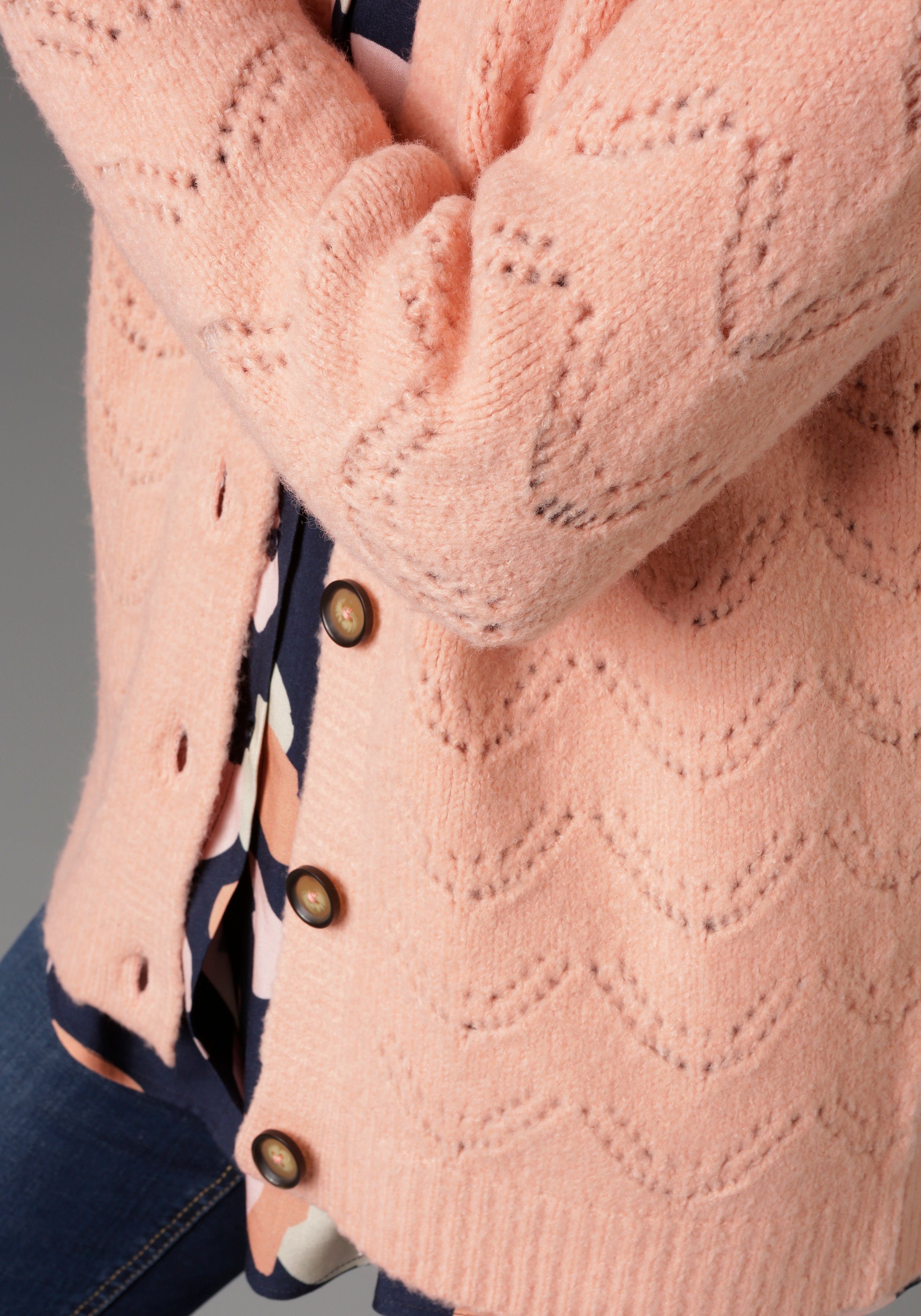 Aniston CASUAL Strickjacke mit Ajourstrickmuster rosa