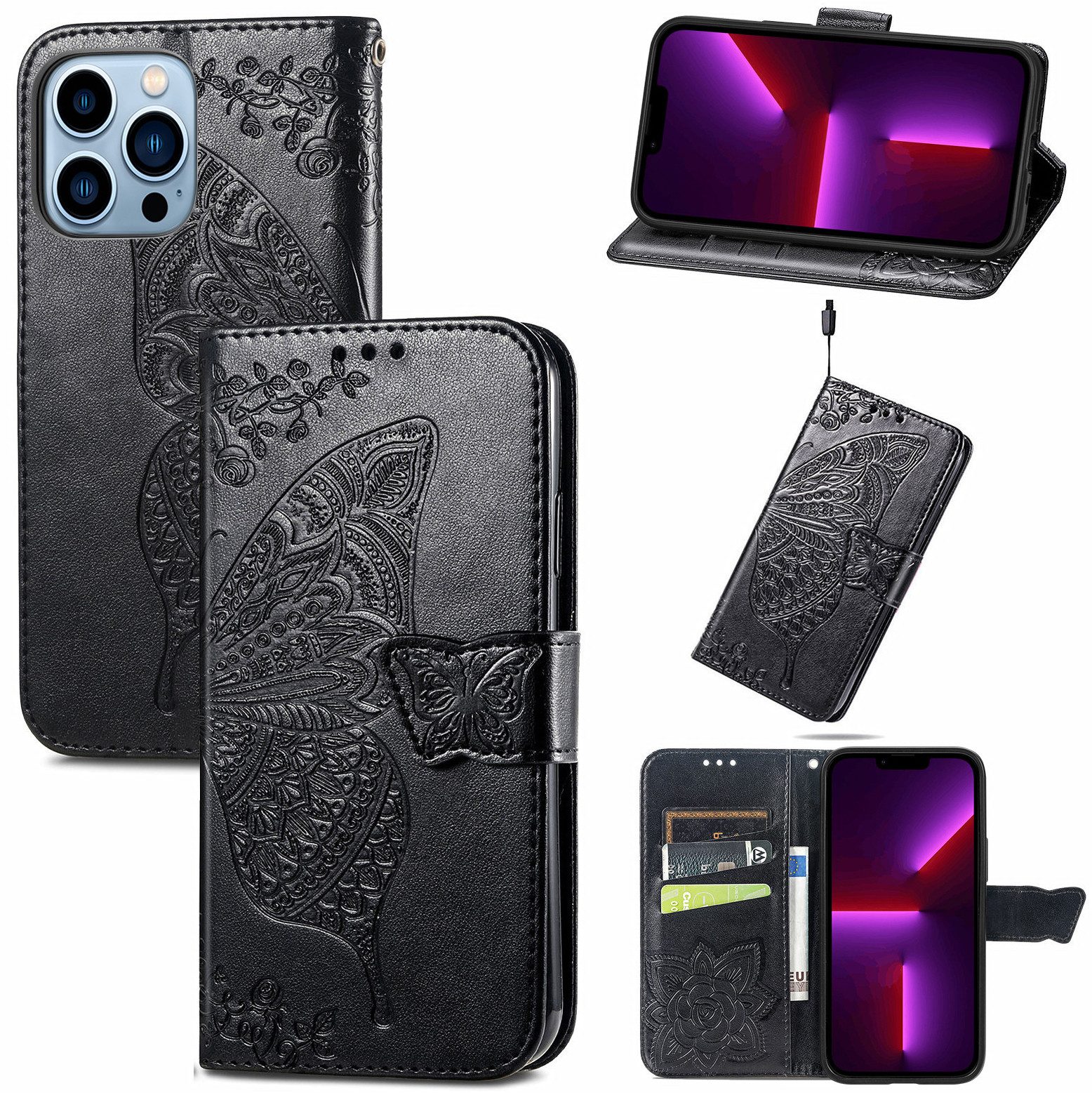 Wörleonline Handyhülle Butterfly für Apple iPhone 15 Pro Max, geblümt 17 cm (6,7 Zoll), Schutzhülle mit Magnetverschluss und 3 Kartenfächern, Klapphülle