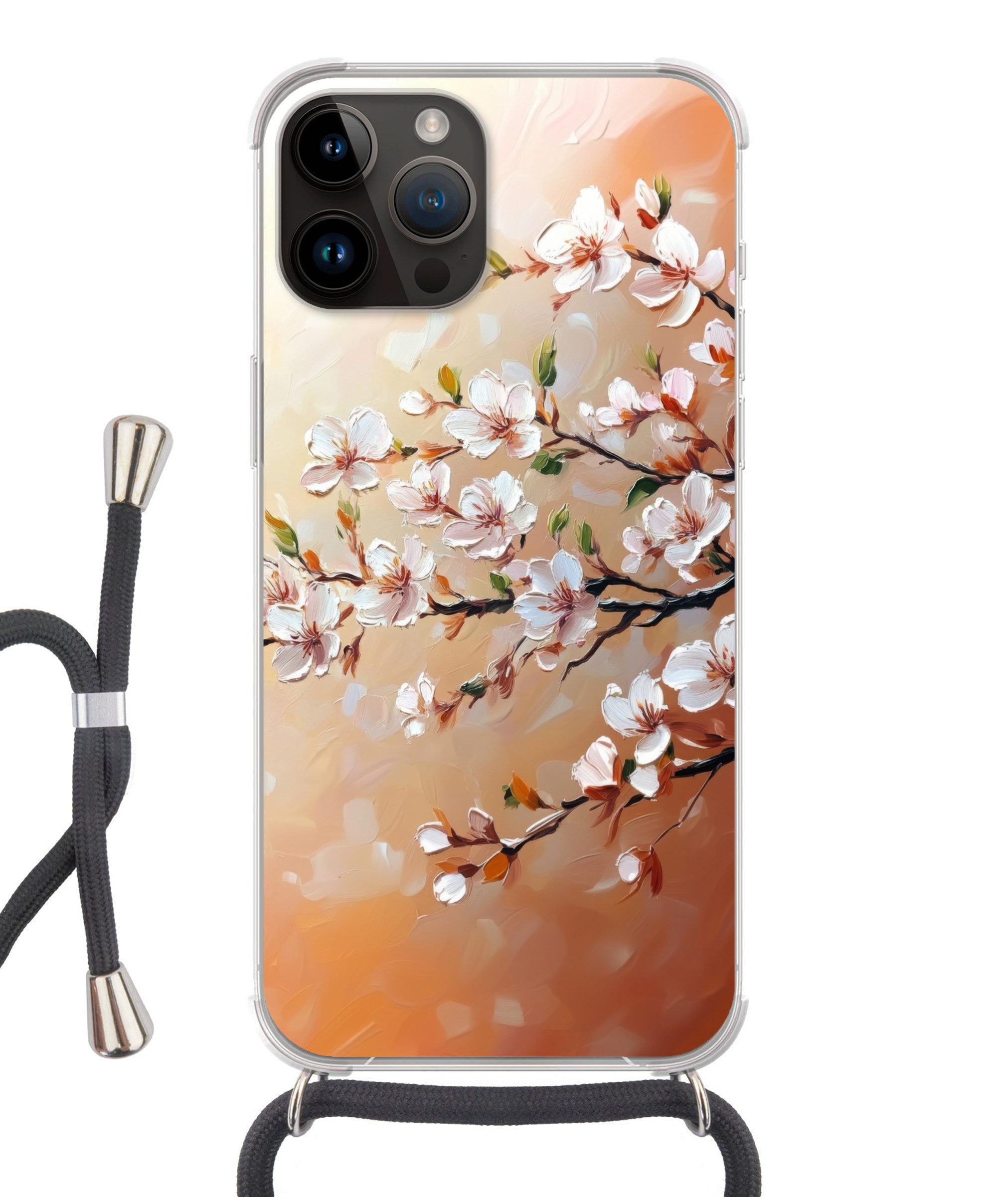 MuchoWow Handyhülle für Apple iPhone 14 Pro Max Blütenzweige - Malerisch - Rosa, Tragbare Handyhüllen mit Kette zum umhängen, Handykette Handyband
