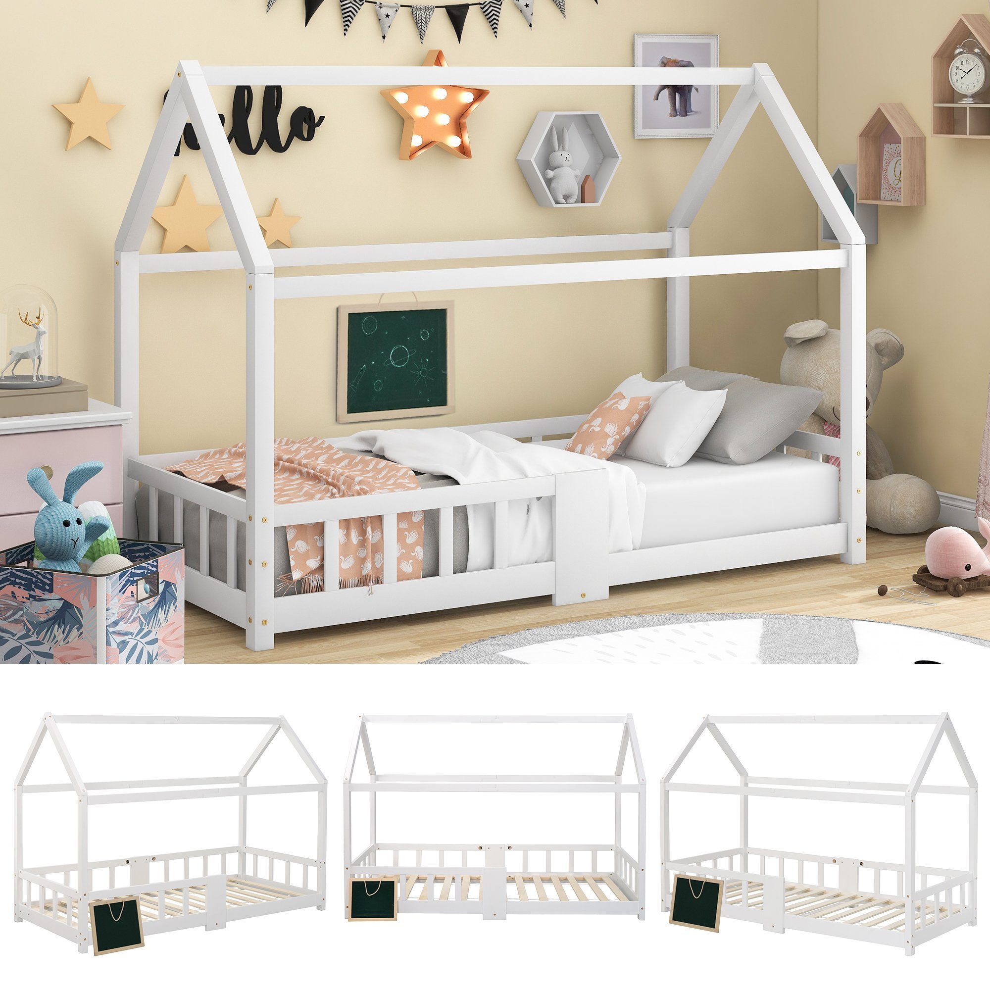 Merax Kinderbett, 90x200cm mit Rausfallschutz, Hausbett mit Einzelbett Holz Weiß