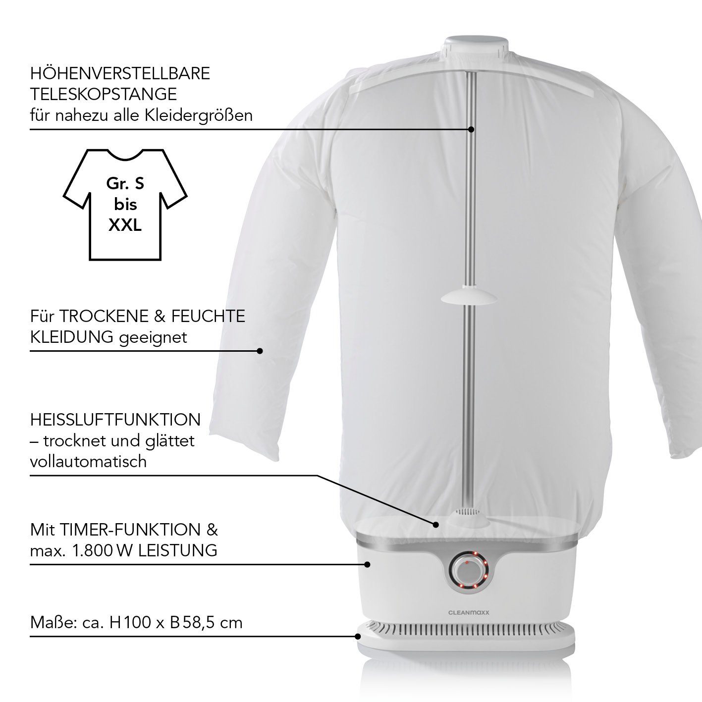 CLEANmaxx Bügelsystem Hemden- und Hemdenbügler 2024-Model, Blusenbügler 2024 1800W W, weiß 1800,00 Model