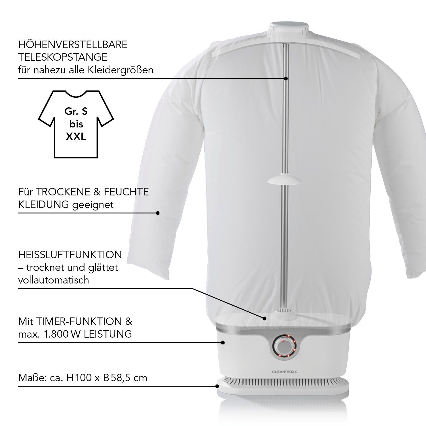 Bügelsystem Model Blusenbügler CLEANmaxx Hemdenbügler 2024-Model, W, weiß und 2024 1800,00 1800W Hemden-
