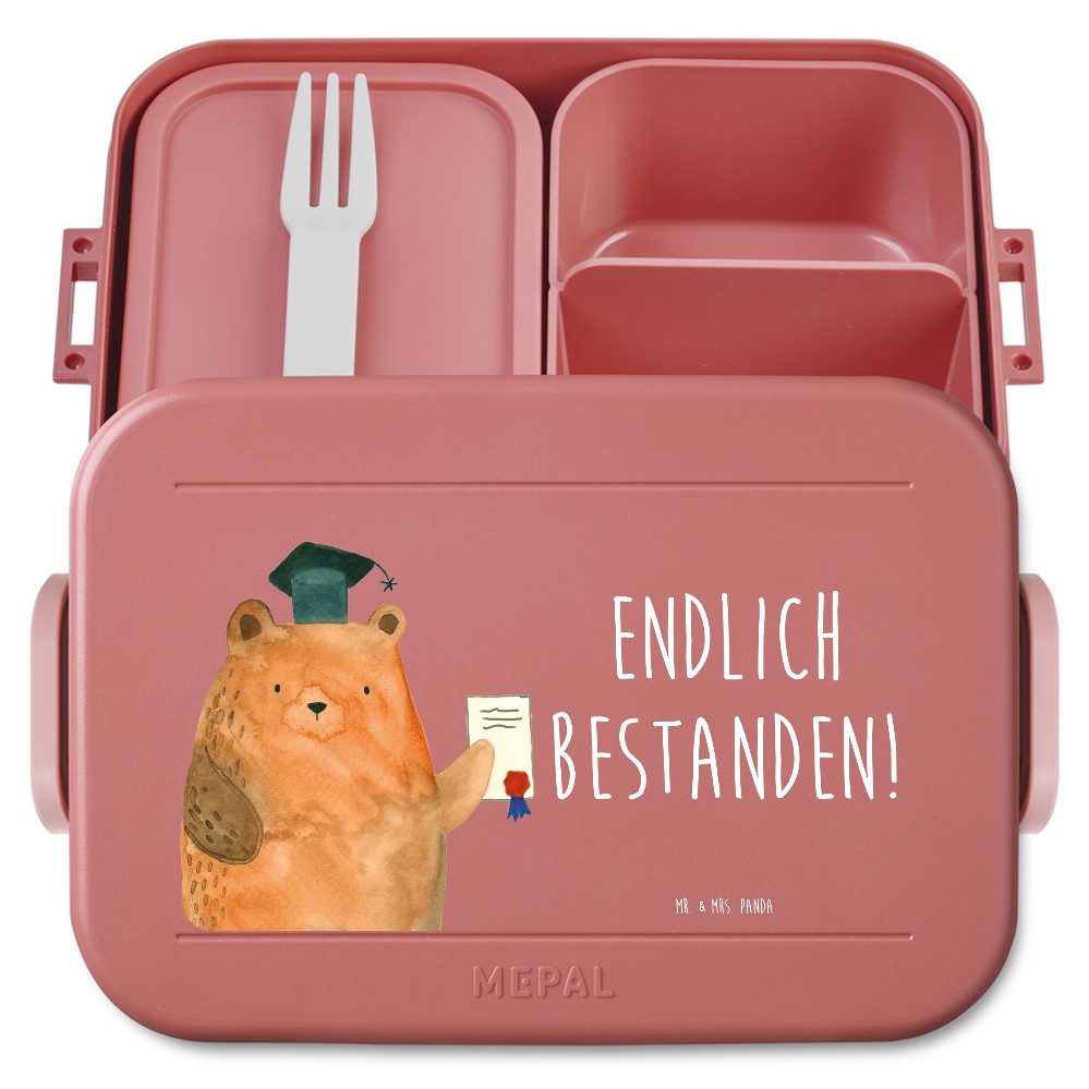 Mr. & Mrs. Panda Butterdose Bär Prüfung Motiv, Bento Box, Rot Pastell, Abitur, Bentobox, Abschlus, Polypropylen lebensmittelecht, (Packung), Teddy Bento-Brotdose Zeugnis