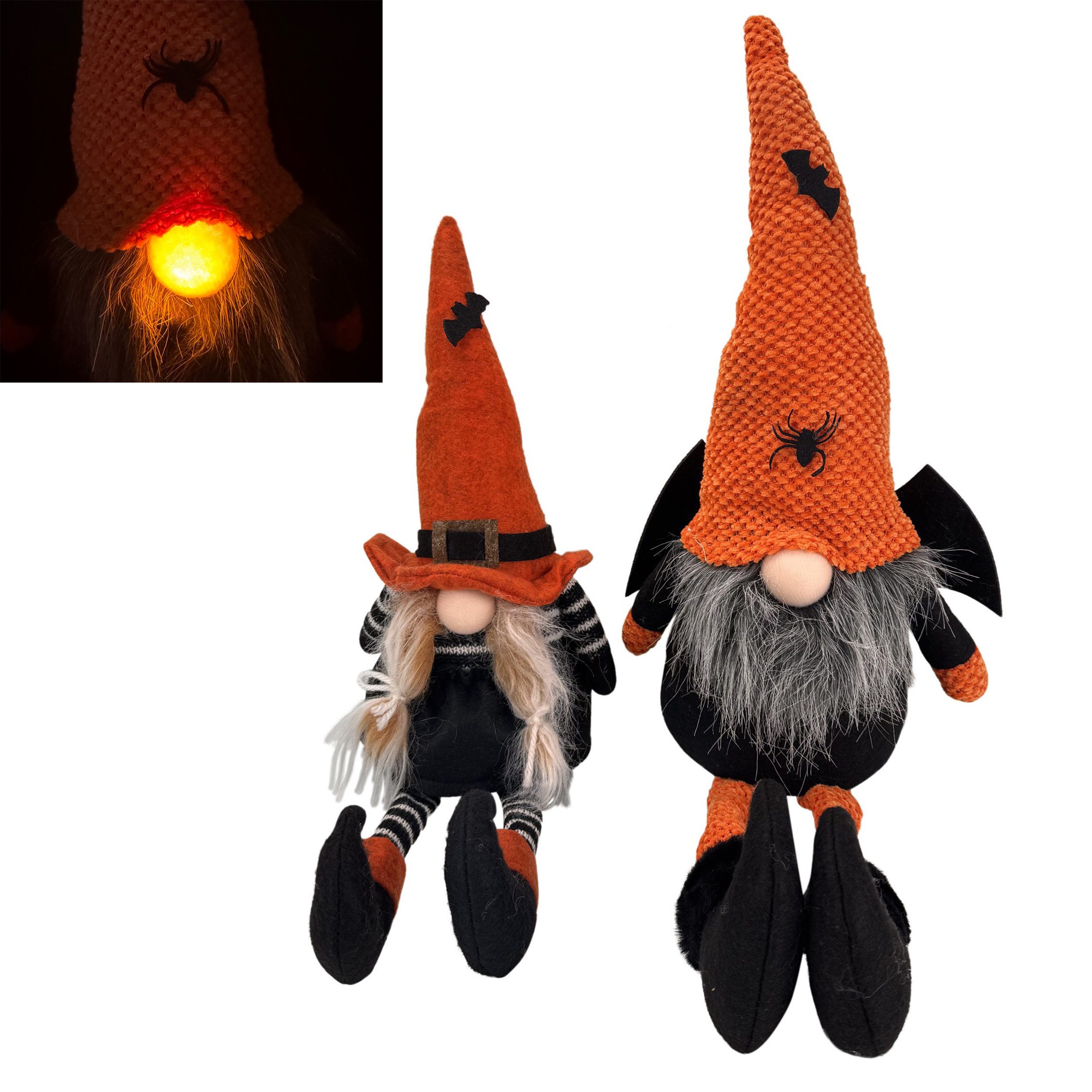 Online-Fuchs Wichtel im 2er Set mit Halloween Outfit und Fledermausflügeln - Herbstdeko (Kantenhocker, für eine gemütlich-gruselige Atmosphäre), mit leuchtender Nase und praktischer 6-Stunden Timerfunktion