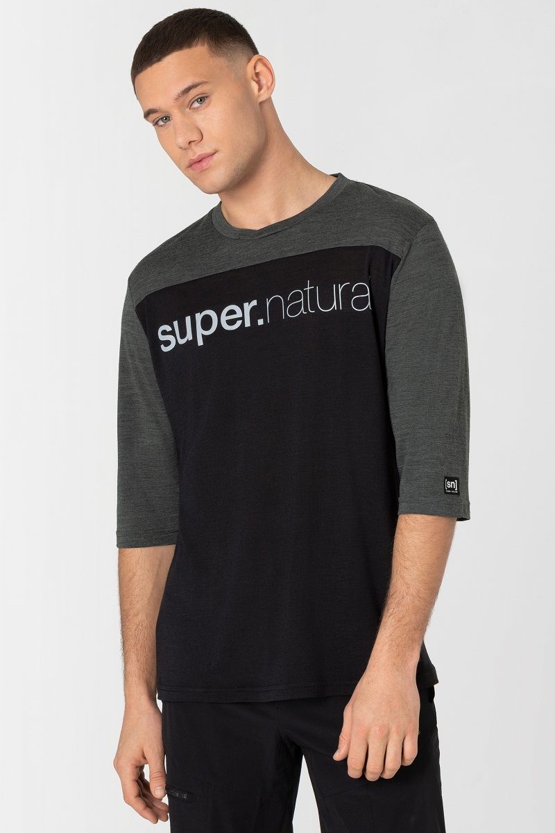 funktioneller SUPER.NATURAL T-Shirt Jet Merino CONTRAST Melange T-Shirt 3/4 Black/Pirate Grey Merino-Materialmix