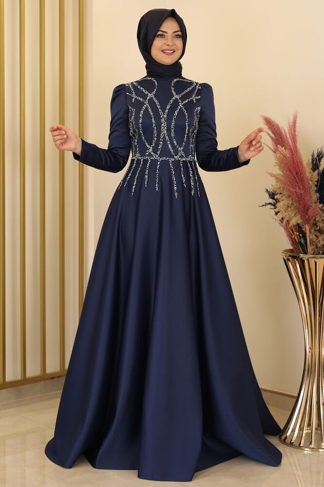 Modavitrini Satinkleid Damen Abendkleid Maxikleid Abiye Abaya mit Schmucksteinen Schmucksteine Navy-Blau