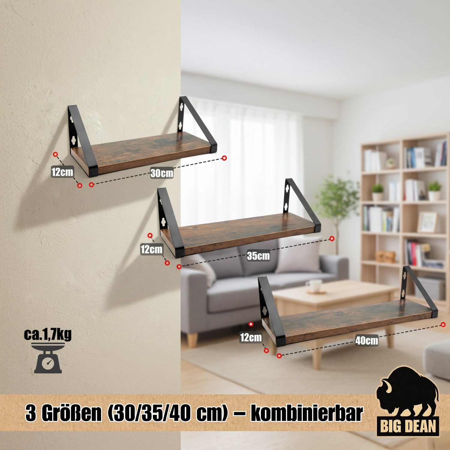BigDean Wandregal 3er Set Wandregal Wall Shelf 2 Montagemöglichkeiten 30/35/40 cm, Set 1-tlg., Vintage Look, 2 Montage Möglichkeiten