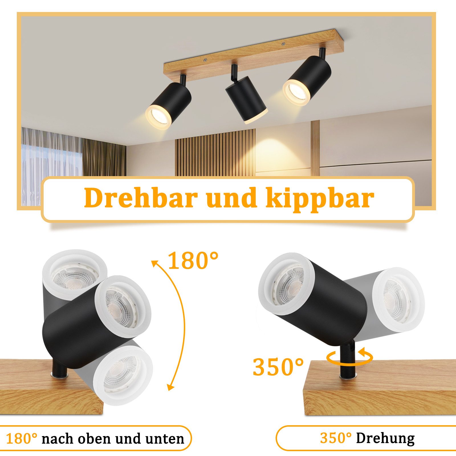 ZMH LED Deckenstrahler 2/3/4 Flammig GU10 Holz-Acryl Deckenleuchte 350° Drehbar Wohnzimmer, Einfache Installation, ohne Leuchtmittel, Schwarz