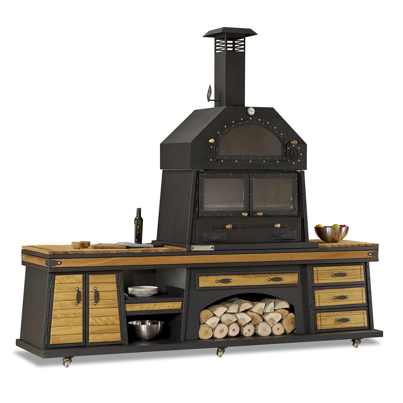 Xlmoebel Outdoor-Küche Schwarze Außenküche aus Holz und Edelstahl mit Kochbereich, Made in Europa