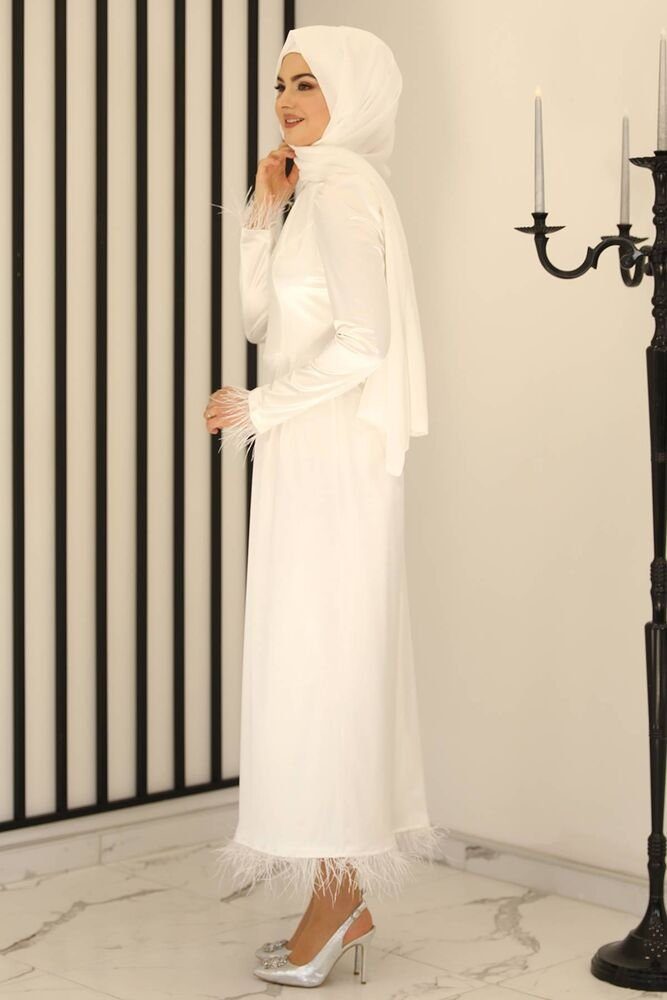 Satin Kleid Abendkleid Ekru-Weiß Damen Abiye Hijab Modavitrini Modest Abaya Satin glänzend Fashion Satinkleid