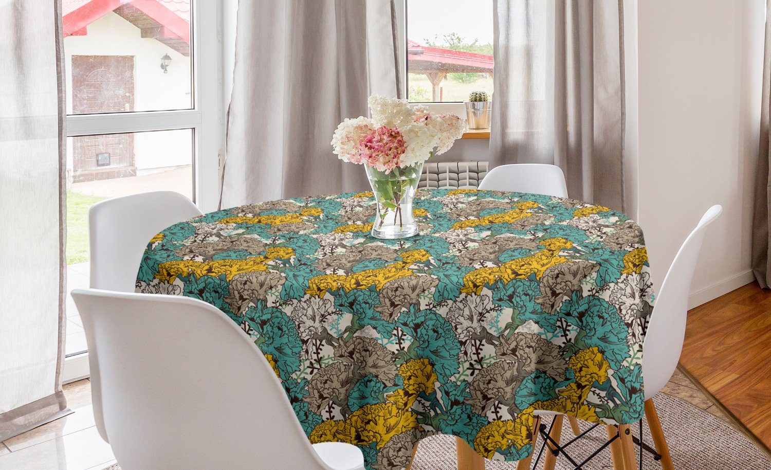 Abakuhaus Tischdecke Kreis Tischdecke Abdeckung für Esszimmer Küche Dekoration, Jahrgang Blühende Gartennelken