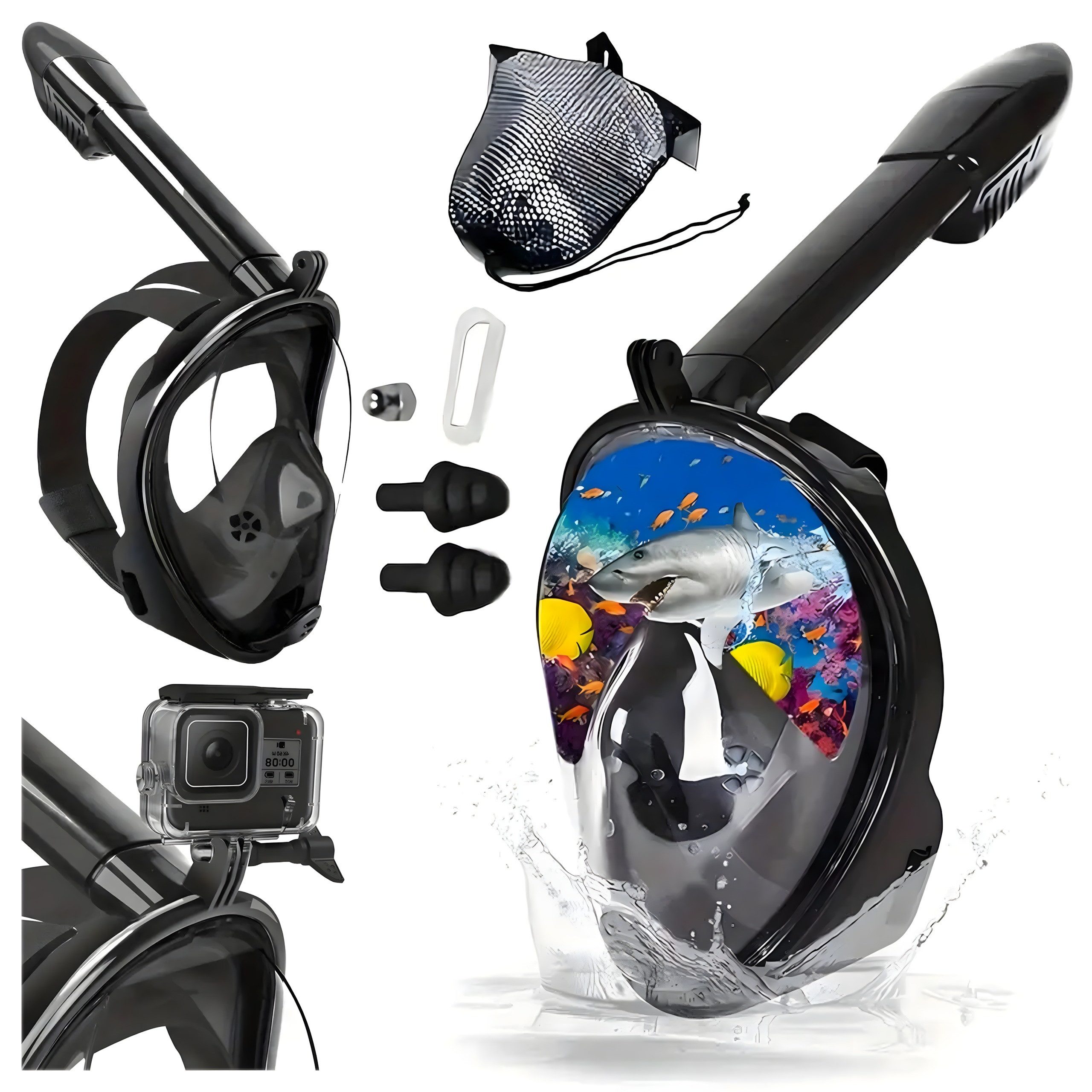 Realb2b Tauchermaske Tauchermaske Schnorchelmaske Vollgesicht L/XL Panorama Anti Fog Maske, (Vollgesicht Schnorchelmaske LXL Panorama Dry Top schwarz Set Gummi, Schnorchelmaske Vollgesicht Erwachsene LXL Panorama Schnorchel Stoff), 180 Grad Sichtfeld Dry
