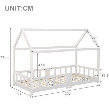 HAUSS SPLOE Kinderbett Kinderbett Hausbett mit Schornstein Bodenbett Bettgestell (Massivholz Bett ohne Matratze), 90×200cm, aus Kiefer Holz, Weiß oder Grau