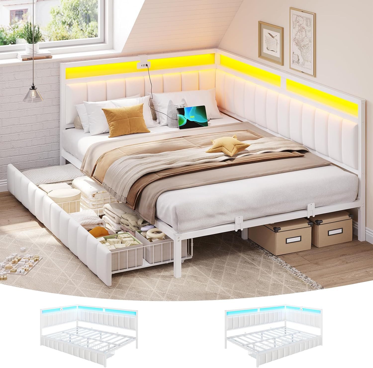 MSMASK Polsterbett Schlafsofa mit 2 Schubladen und USB-Ladestation, Betten mit LED-Beleuchtung & Lattenrost aus Metall, ohne Matratze