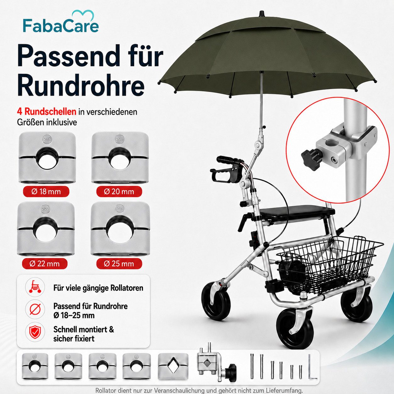 FabaCare Rollator Regenschirm mit Halterung für Rollatoren, Schirm für Gehwagen