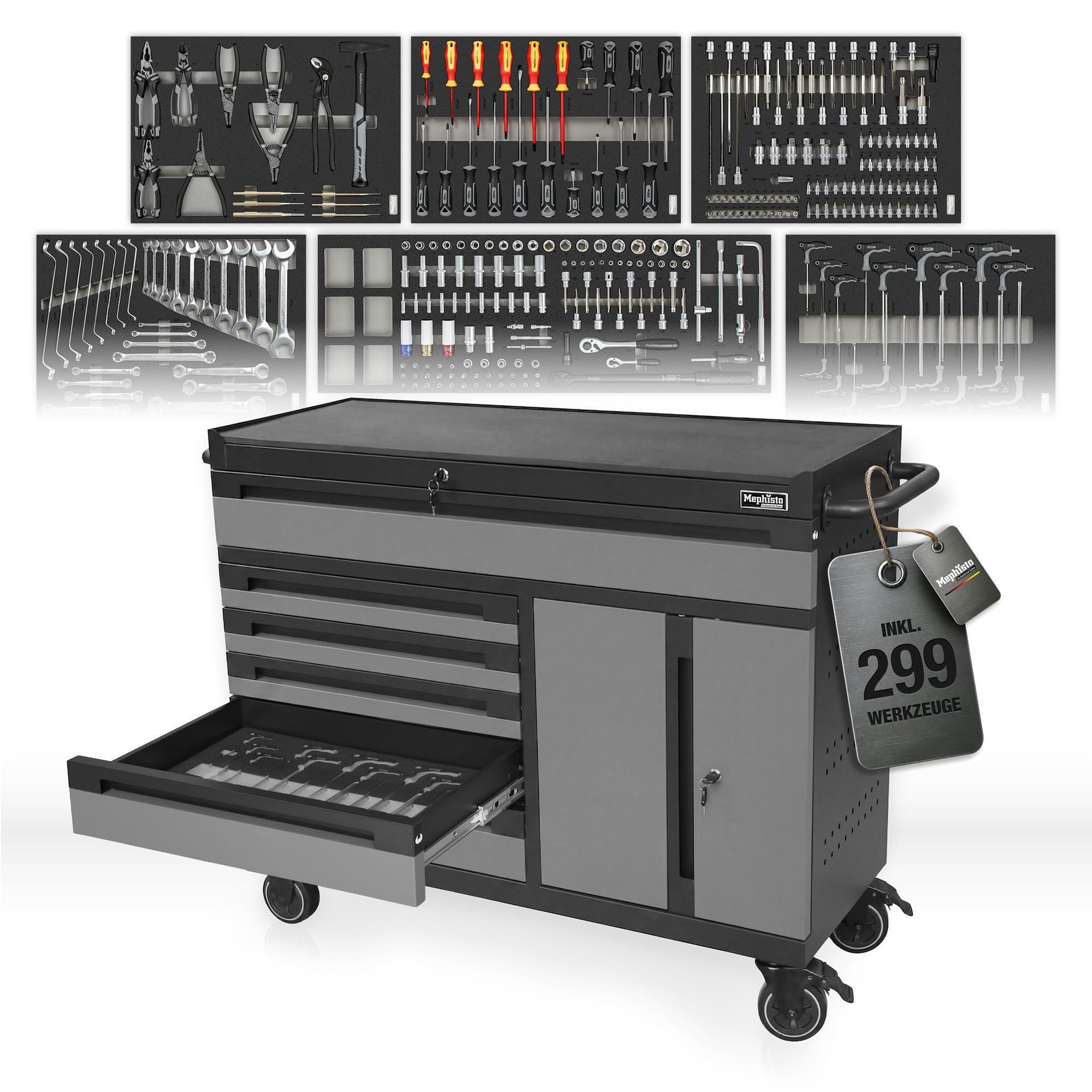 Mephisto-Tools Werkzeugwagen, (fertig montiert und bestückt), 6 Schubladen bis zu 40 kg belastbar & 1 Doppeltür, 4 Schlüssel inkl.