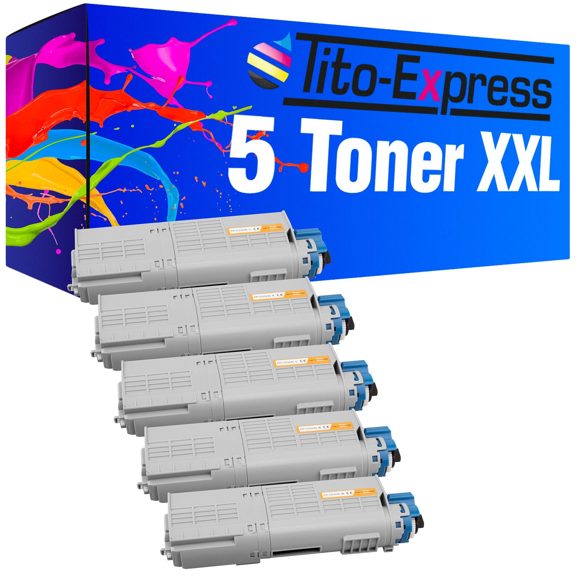 Tito-Express Tonerpatrone 5er Set ersetzt Oki C532 Oki C 532 OkiC532, (Multipack, 2x Black, 1x Cyan, 1x Magenta, 1x Yellow), für C532 C532DN C542 C542DN MC563 MC563DN MC573 MC573DN C 532