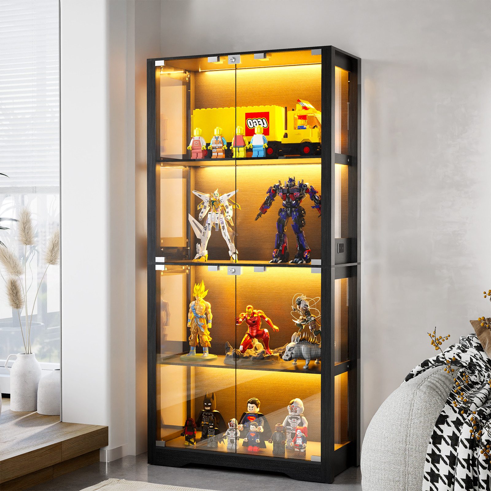 PEALOV Glasvitrine mit dreifarbiger LED‑Beleuchtung und Bewegungssensor, 80×165×35 cm (1-St) Sammlerschrank mit 4 stabilen Einlegeböden für Figuren & Dekorationen