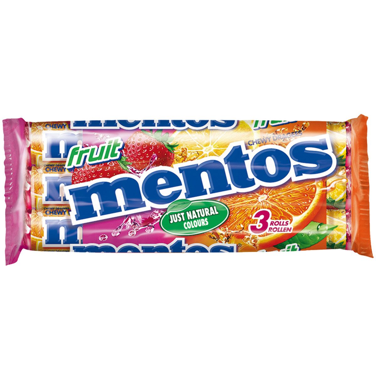 MENTOS Süßigkeit, Mentos Fruit Multipack 3 Rollen Kaudragees mit Fruchtgeschmack 114g