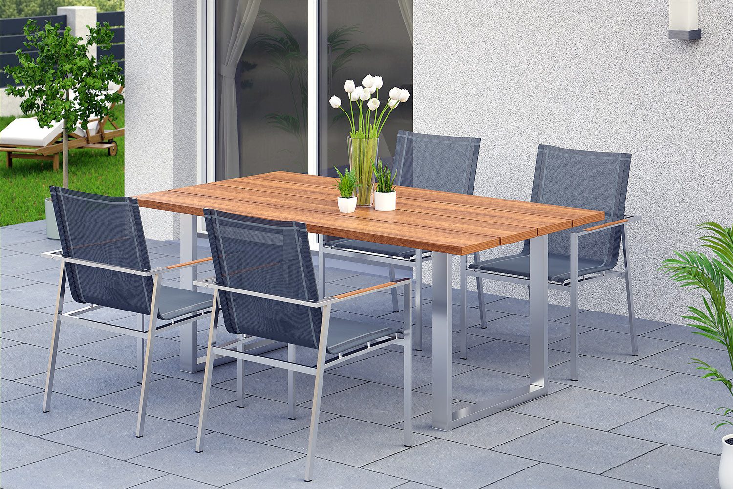 Garland Sitzgruppe Monza, (5-tlg), Sitzgruppe Teak Holz Edelstahl Gartentisch 4 Gartenstühle Stapelbar