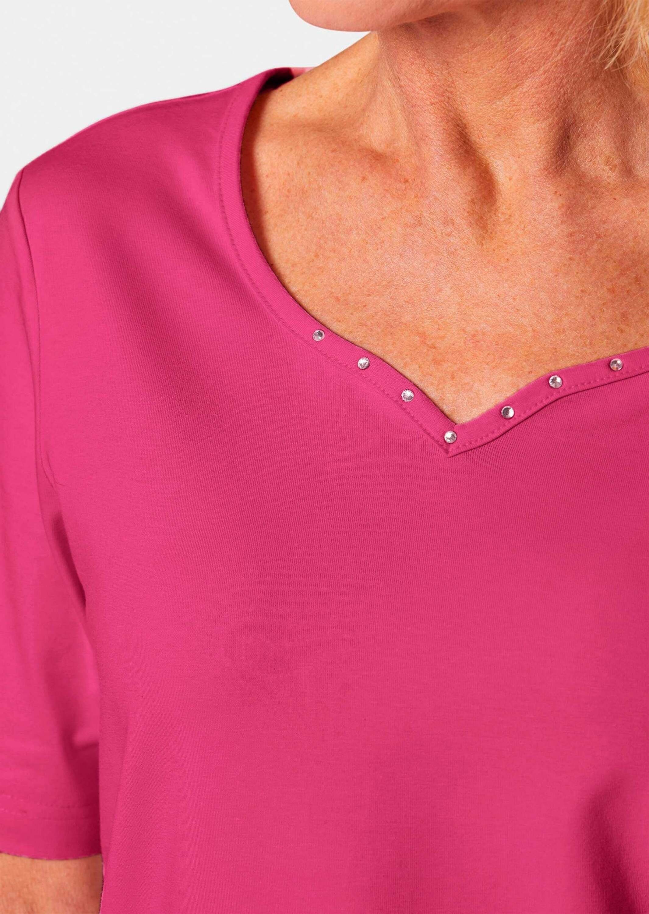 GOLDNER T-Shirt Kurzgröße: Halbarm Basic-Shirt aus Baumwolle Herzausschnitt mit funkelnden Details, bequeme Passform