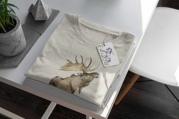 Sinus Art T-Shirt Herren Shirt 100% gekämmte Bio-Baumwolle T-Shirt Aquarell Elch Blumen Motiv Nachhaltig Ökomode aus (1-tlg)