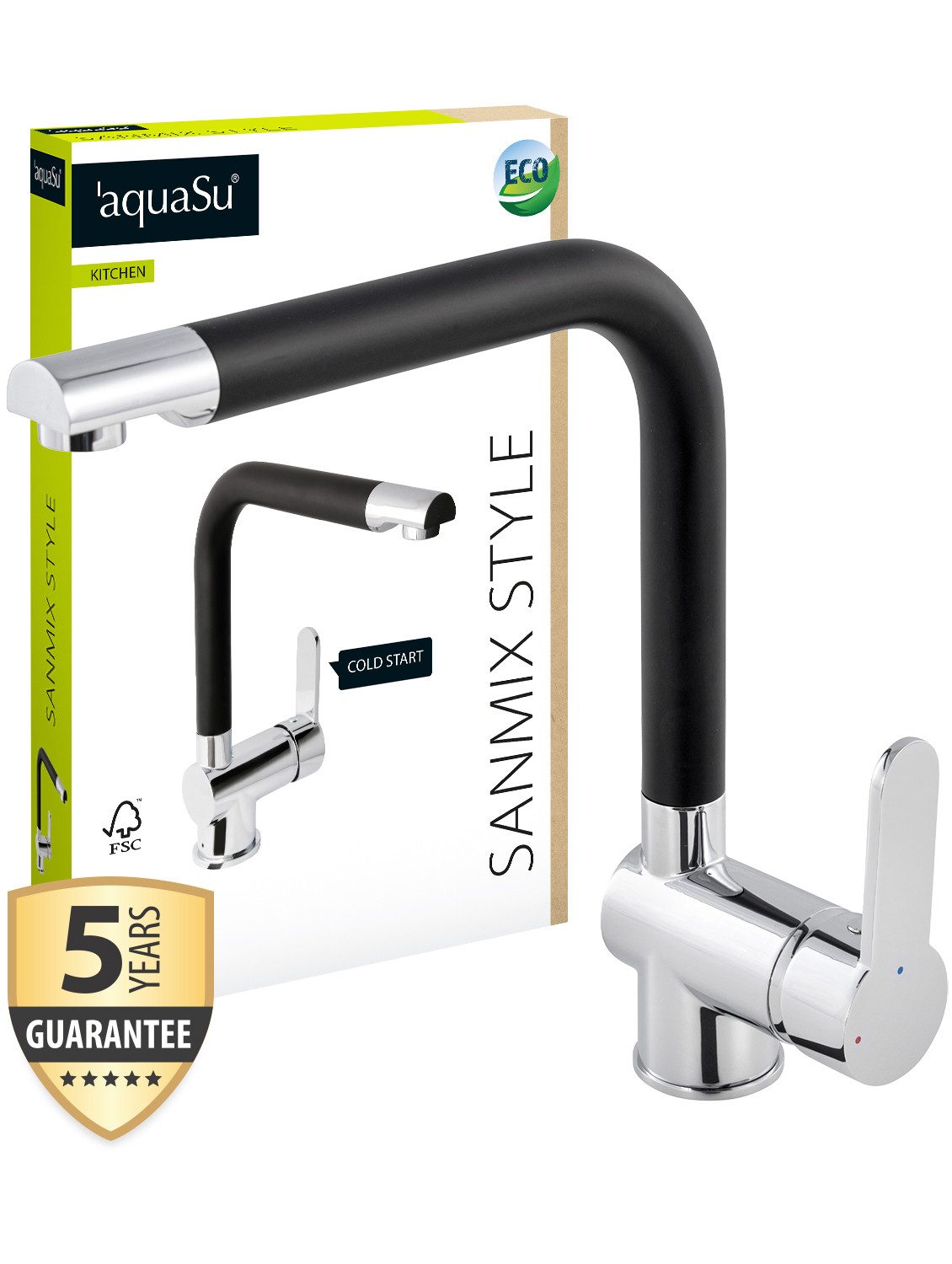 aquaSu Spültischarmatur Sanmix Style schwenkbar, Schwarz-Chrom, Kaltstart-Funktion, Wassersparkartusche