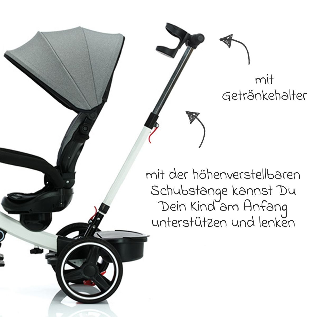 Fillikid Dreirad-Kinderwagen Niki 360 - Weiß Grau, Baby Kinderdreirad ab 12 Monaten bis 22 kg verstellbare Schiebestange