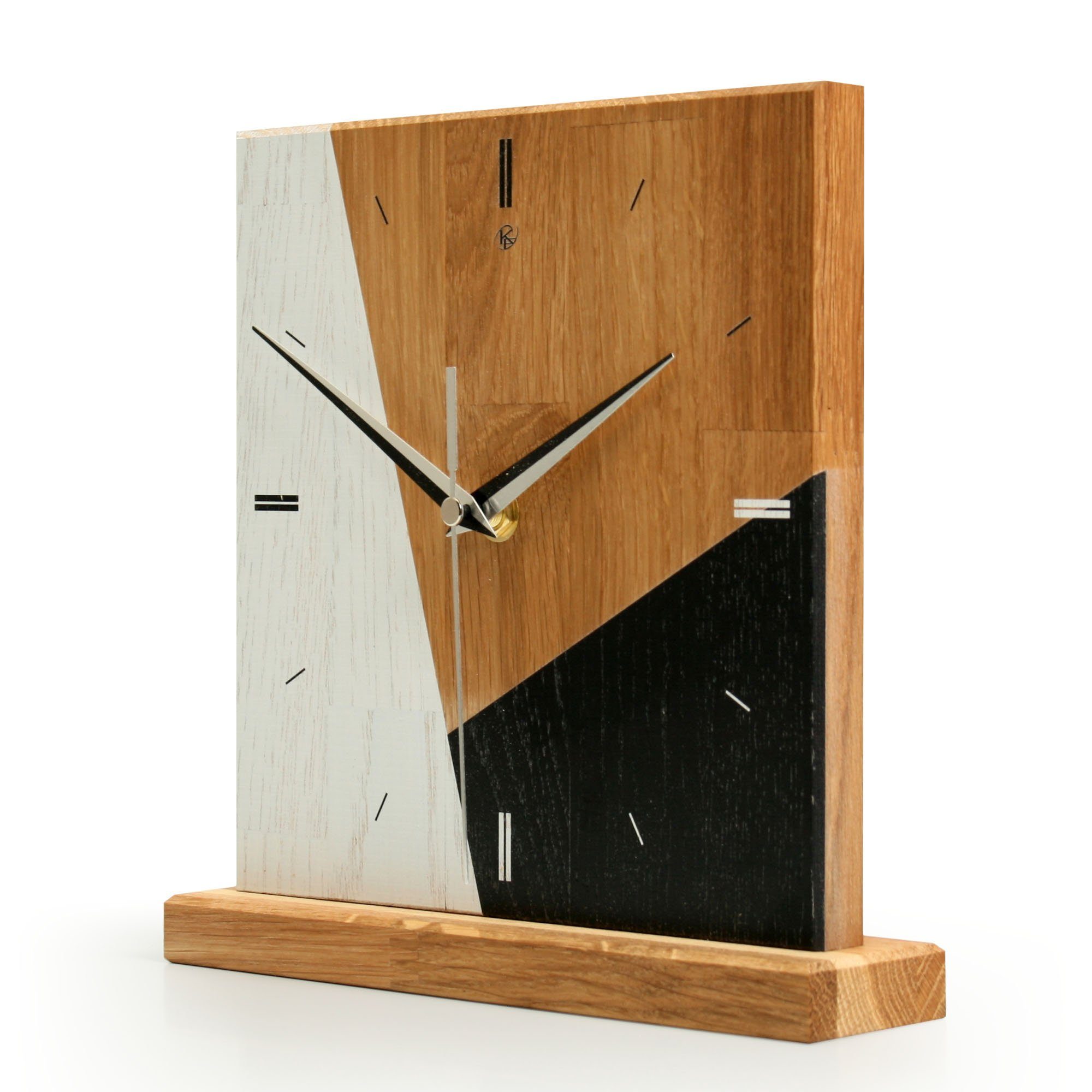 Standuhr modern elegant, ohne „Triangle“ Quarzuhrwerk; Feder Ticken; aus Designer-STANDUHR oder außergewöhnlich, Funk- Eiche Massivholz, Kreative