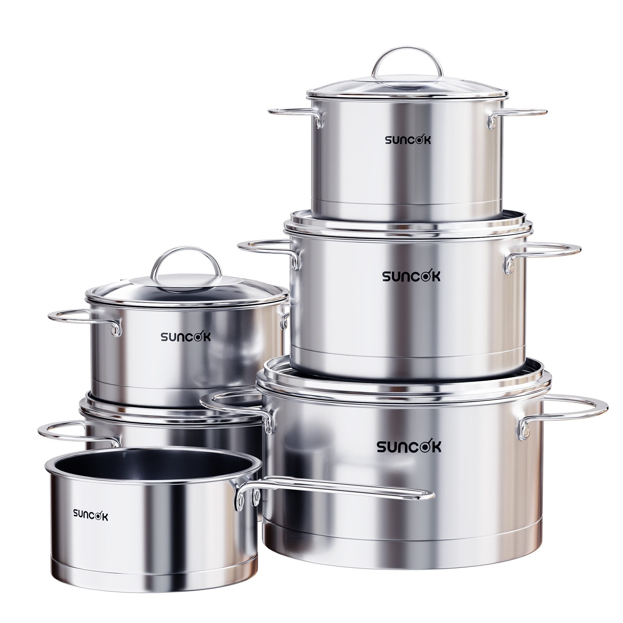 SUNCOK Topf-Set Induktion, Kochtopf Set mit Glasdeckel, Edelstahl 18/10 (Set, 11-tlg., Fleischtopf 16/20/24 cm, Bratentopf 16/20 cm, Stielkasserolle 16 cm), Kaltmetallgriffe, Literskala, für alle Herdarten Geeignet